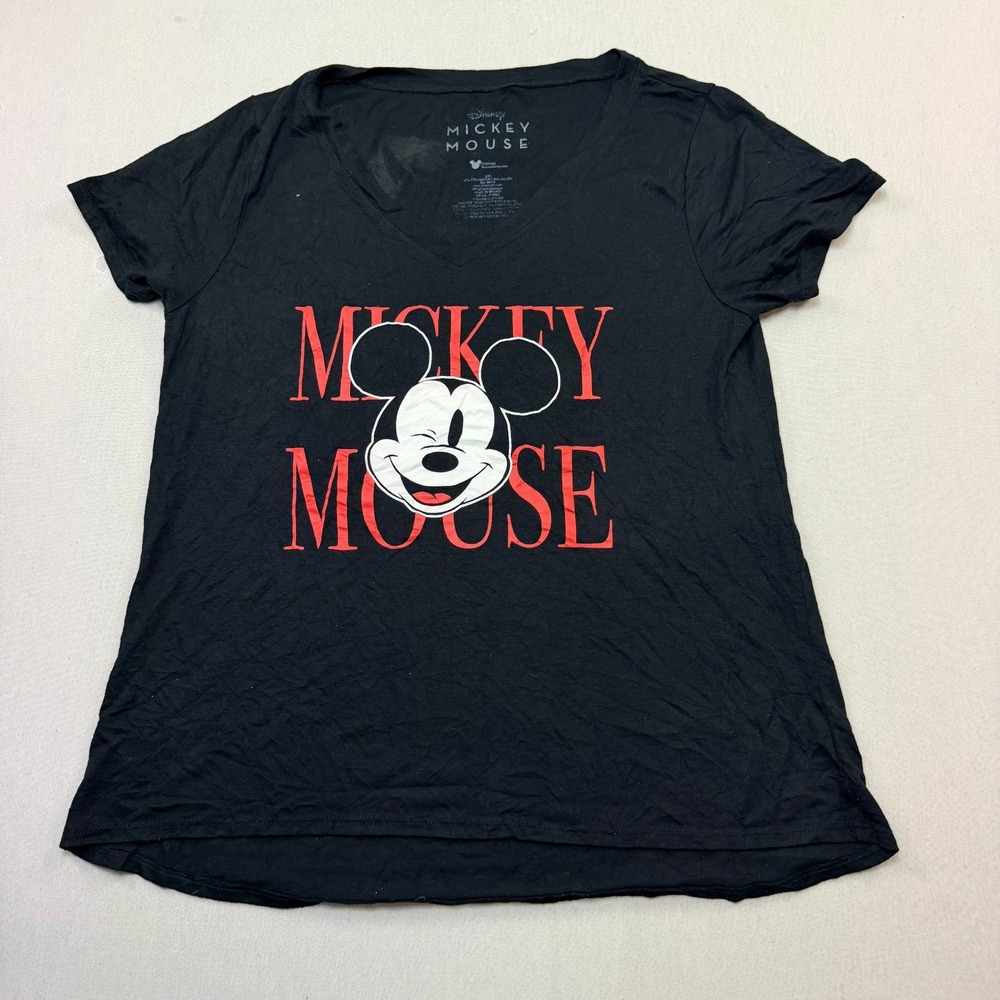 Disney Mickey Mouse T-Shirt Womens Extra Small Black Excellent V-Neck Graphic